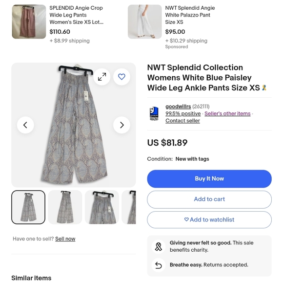 NWT: SPLENDID COLLECTION; WHITE & BLUE PAISLY, WIDE LEG PANT, SZ:XS. - Picture 7 of 8